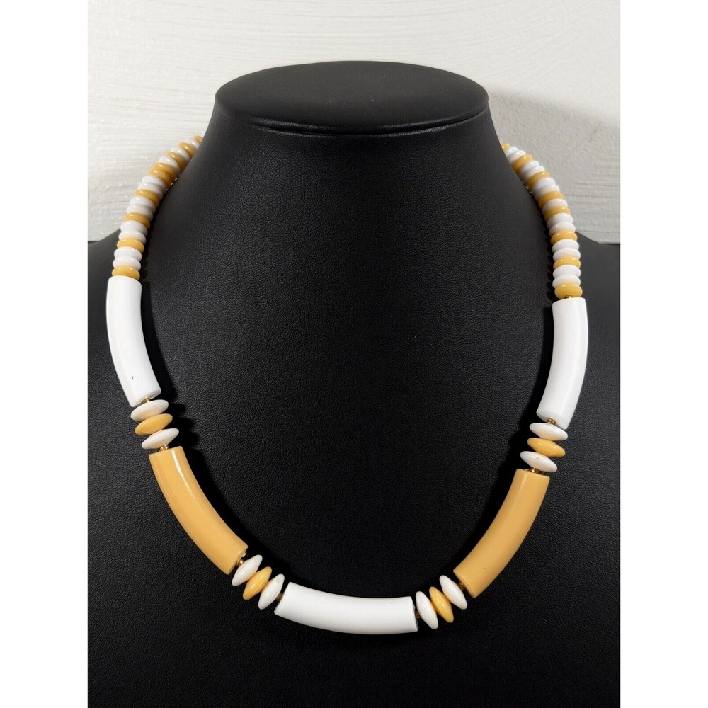 Vintage Style Lucite Bar Disc Bead Necklace Peach Orange‎ White Statement 18"